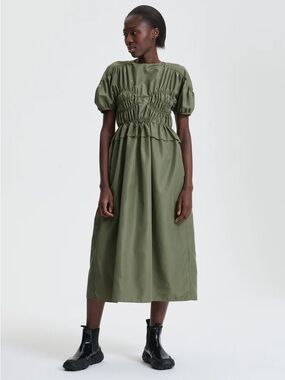 Cecilie Bahnsen Olive Green Smocked Midi Dress
